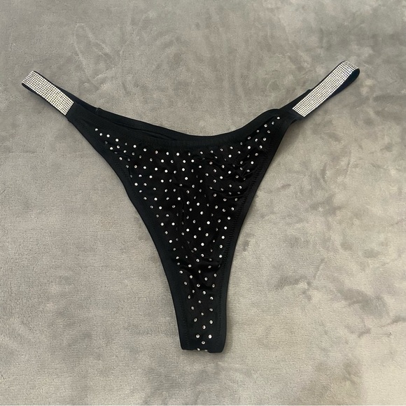 New! Victoria's Secret Swim Black Shine Strap Thong Bikini Bottom 4477 - Picture 4 of 10